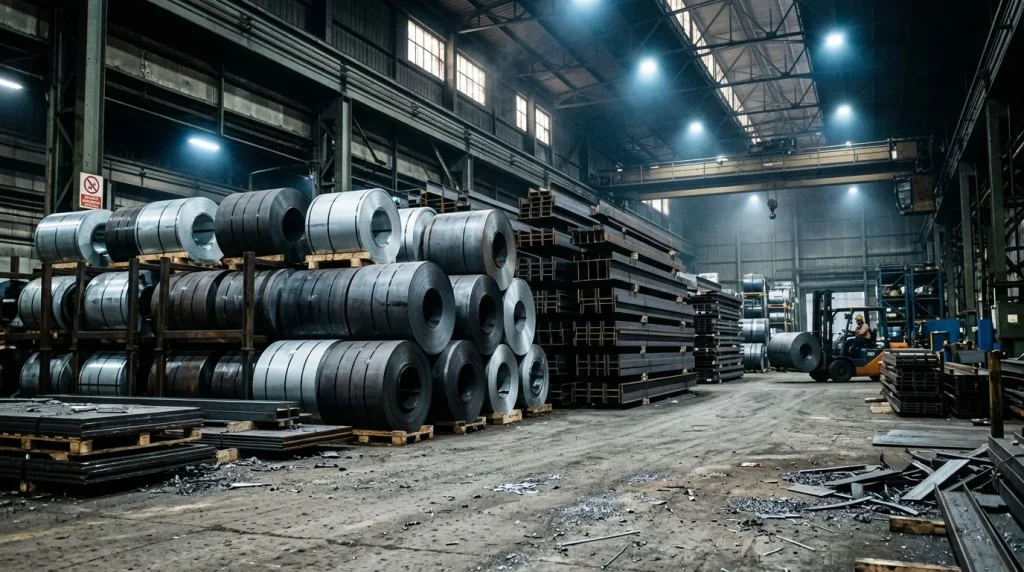Bobines d'acier empilées dans une usine métallurgique illuminée