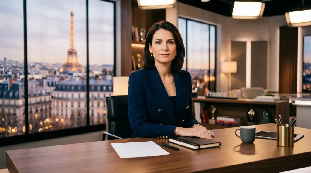 Femme en blazer bleu à son bureau avec vue sur la Tour Eiffel