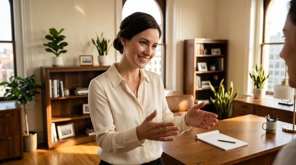 Femme en chemise blanche discutant dans un bureau moderne
