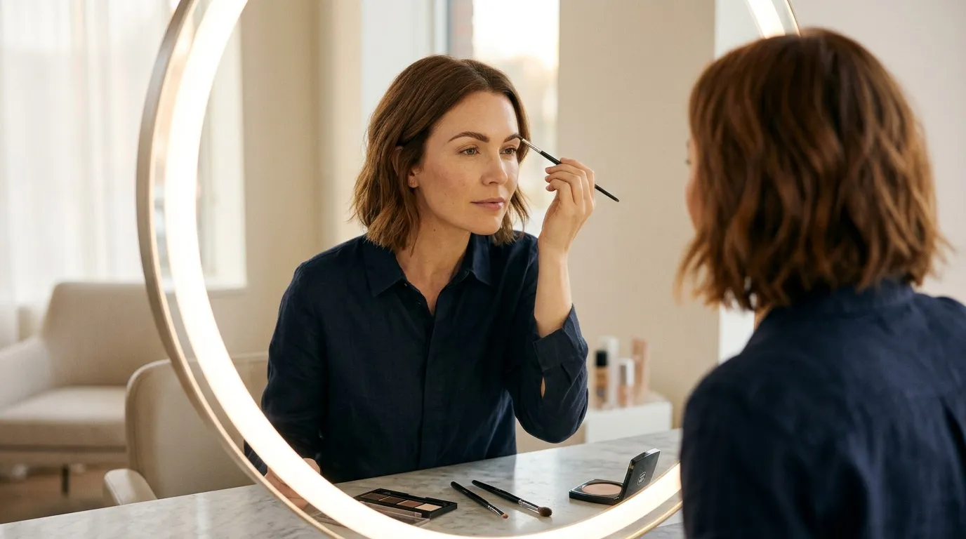 Femme appliquant du maquillage devant un miroir lumineux