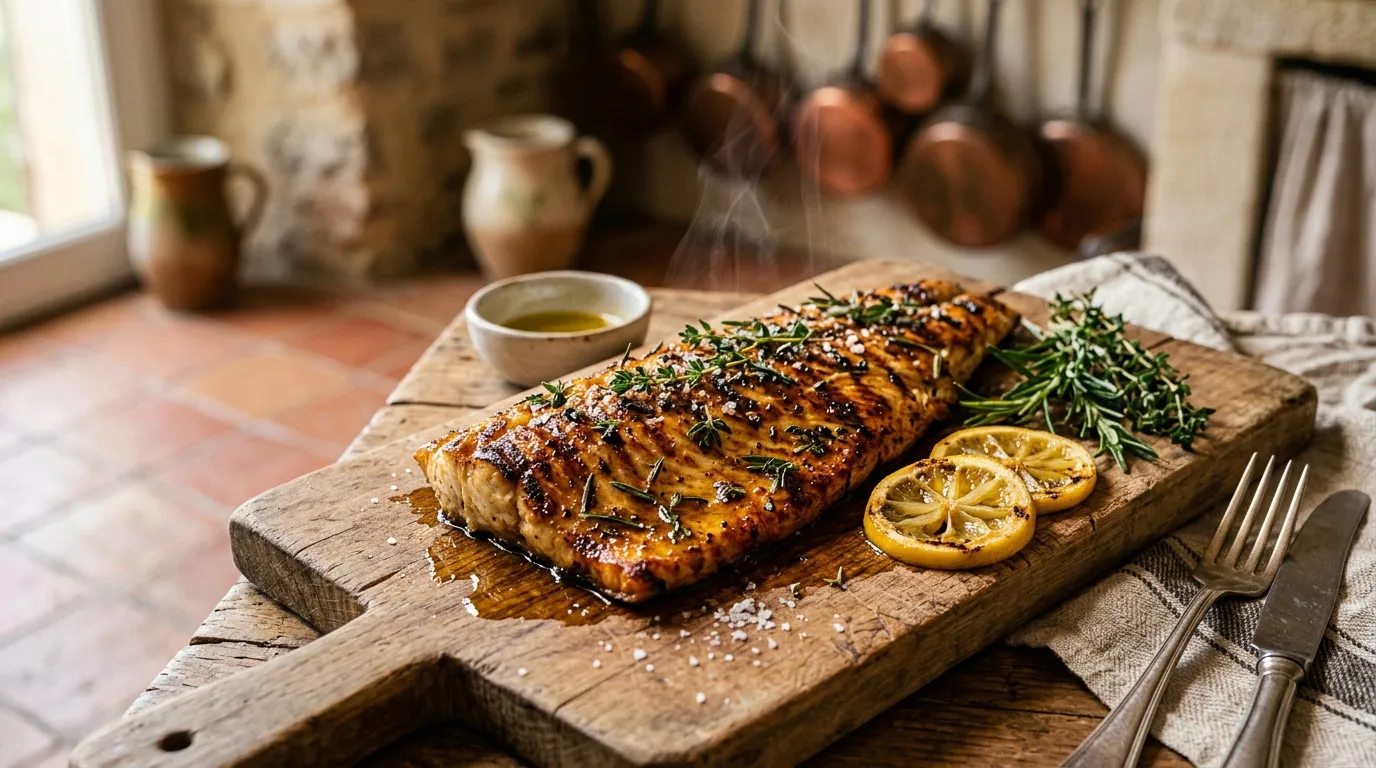 Poisson grill&eacute; garni de romarin et citron sur planche bois