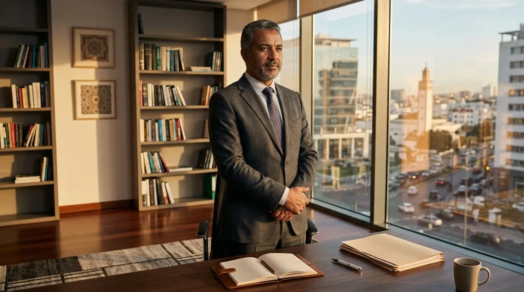 Homme en costume gris dans un bureau moderne avec vue panoramique
