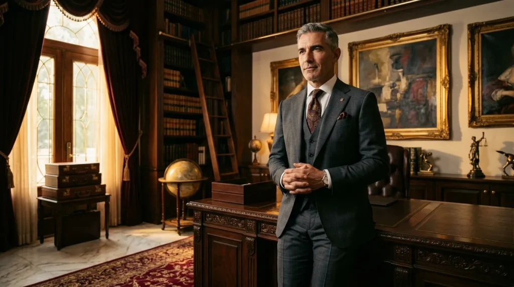 Homme en costume gris dans une bibliothèque élégante et luxueuse