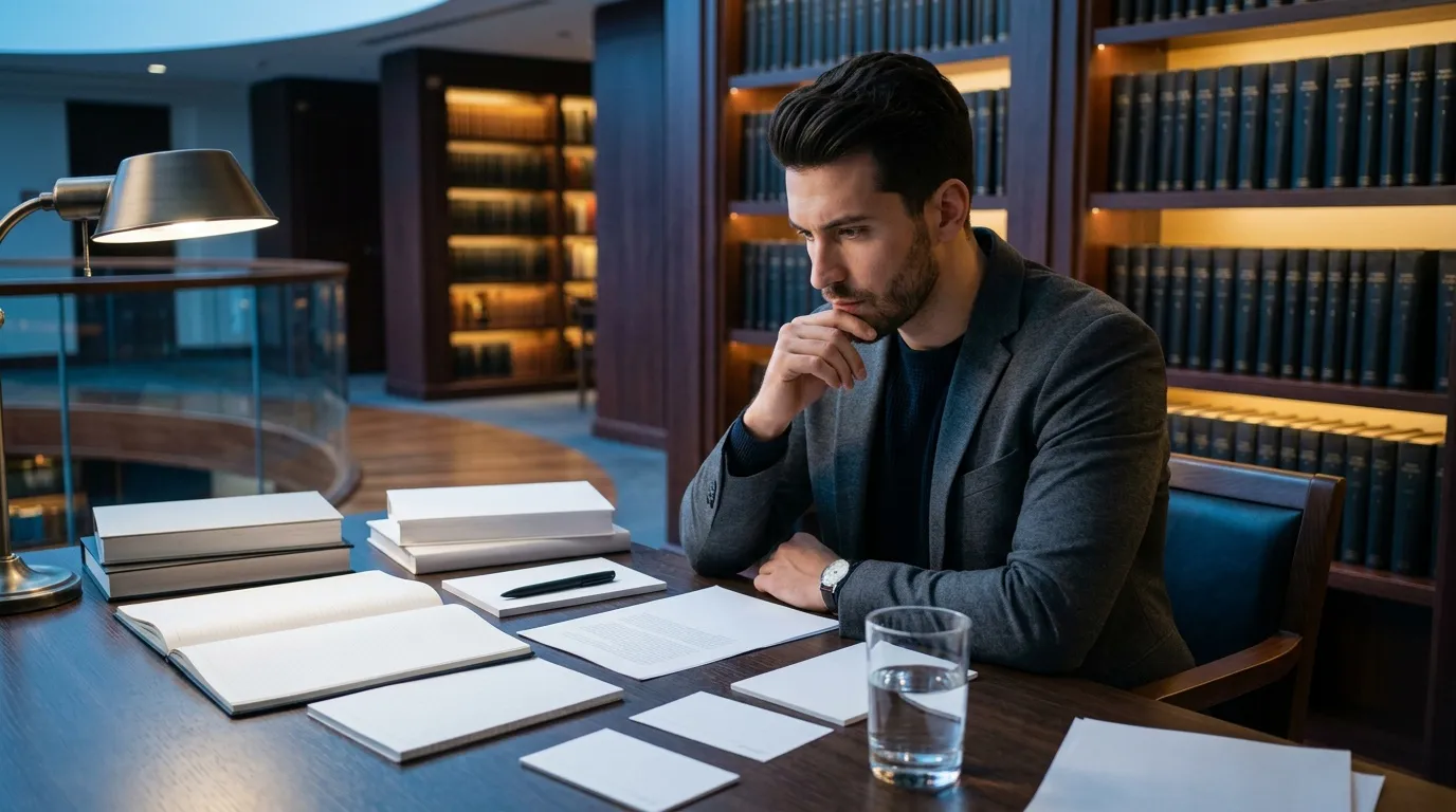 Homme réfléchissant dans une bibliothèque