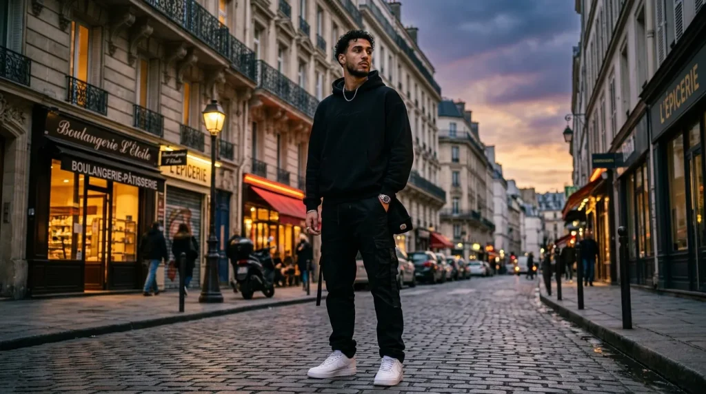 Jeune homme vêtu de noir posant dans une rue parisienne illuminée