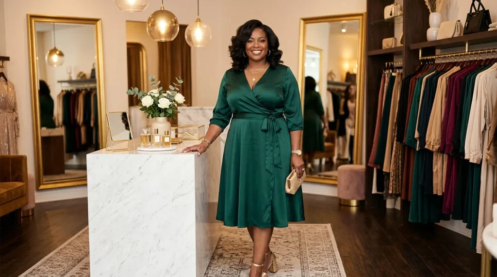 Femme souriante en robe verte dans boutique haute couture