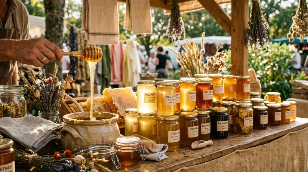 Vendeur présentant des pots miel variés à un marché fermier.