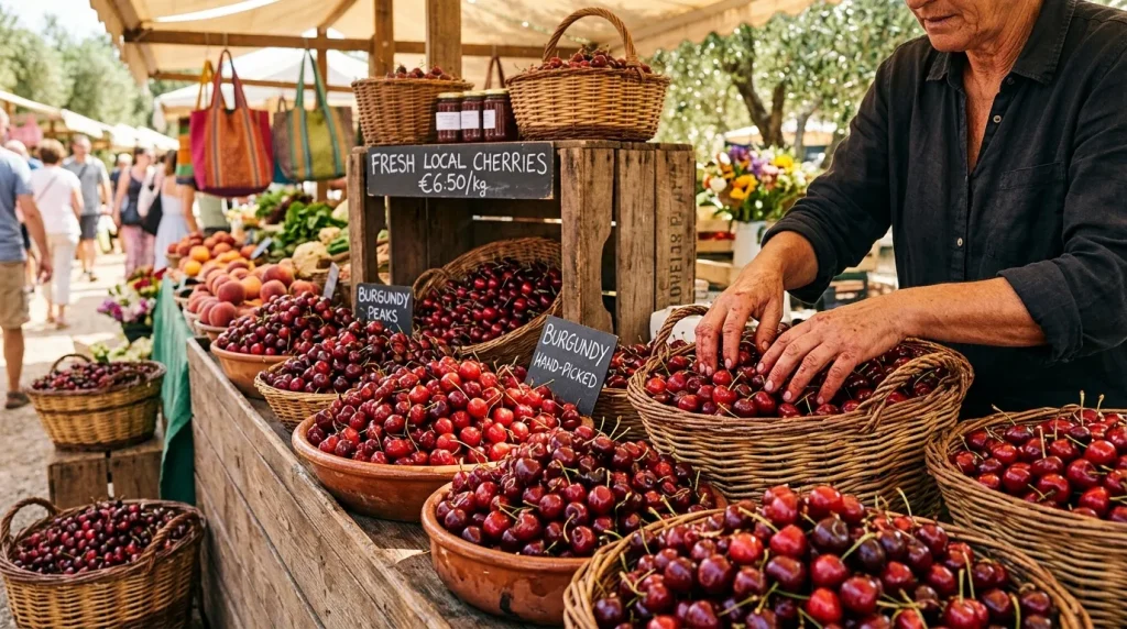 Vendeur arrangeant des cerises rouges fraîches au marché