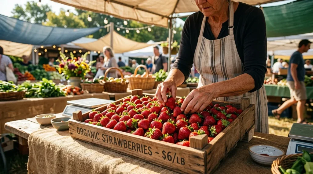 Vendeur présentant fraises biologiques au marché fermier