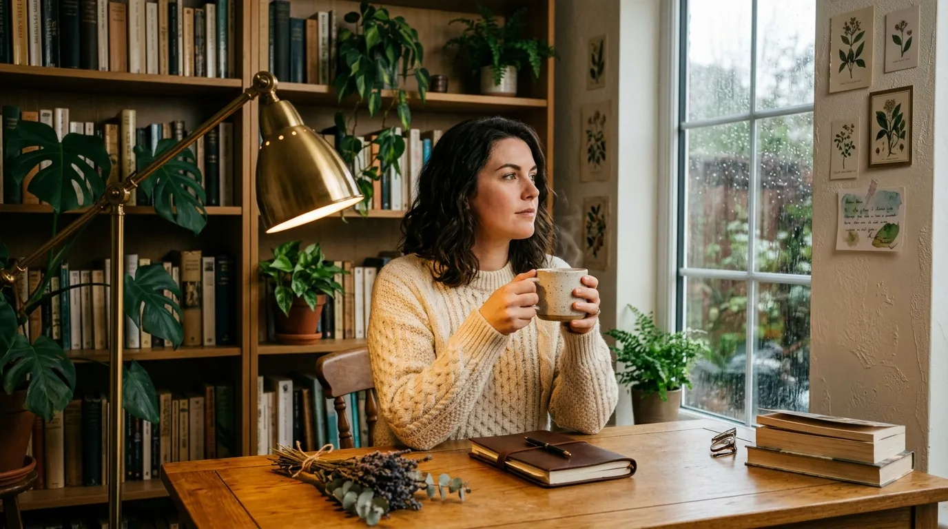 Femme avec tasse regardant par la fen&ecirc;tre pluvieuse