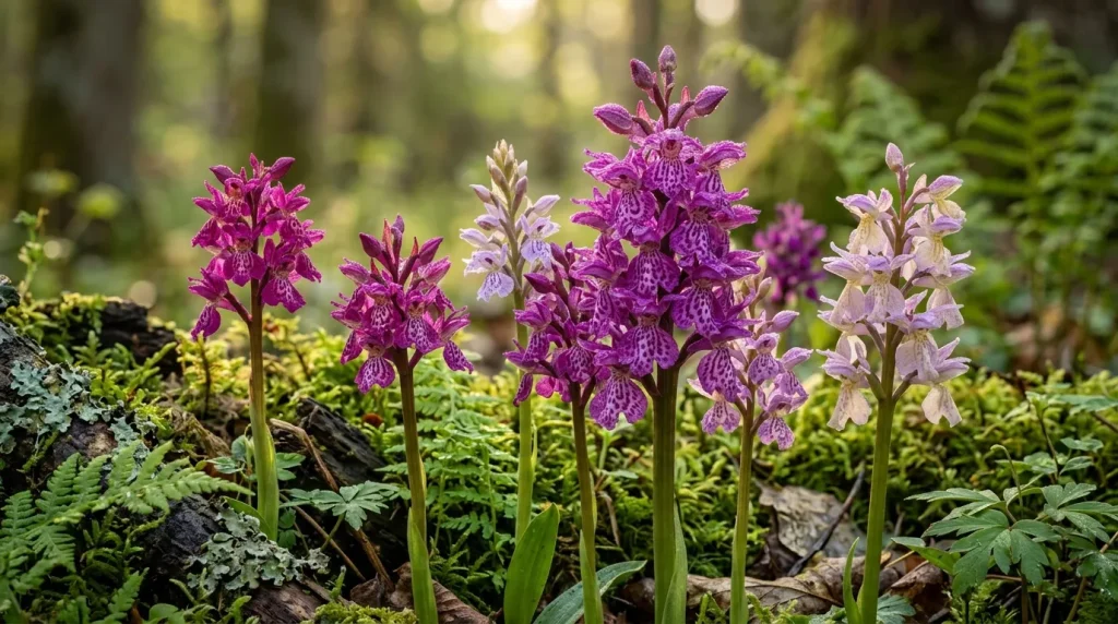Fleurs d'orchidées violettes et roses en sous-bois forestier