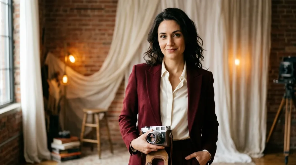 Femme avec appareil photo vintage en studio professionnel