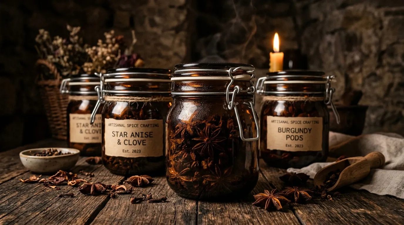 Pots de verre avec &eacute;pices, star anise, clou de girofle, bougie allum&eacute;e