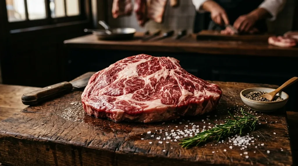 Steak marbré sur planche avec sel et herbes aromatiques