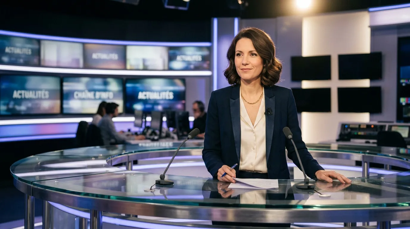 Femme journaliste pr&eacute;sentant les actualit&eacute;s en studio