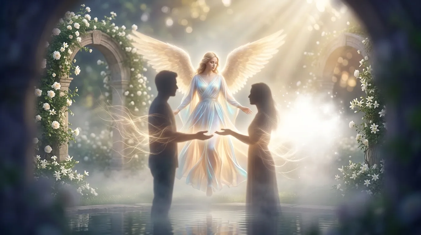 Ange ailé lumineux entre deux silhouettes dans l'eau