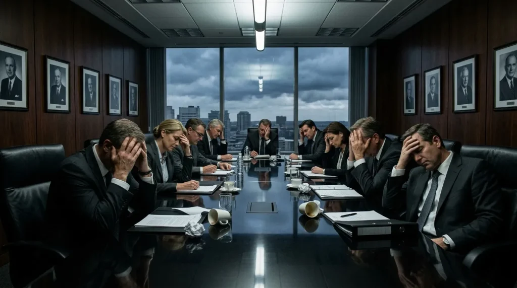 Hommes d'affaires stressés lors d'une réunion en salle.