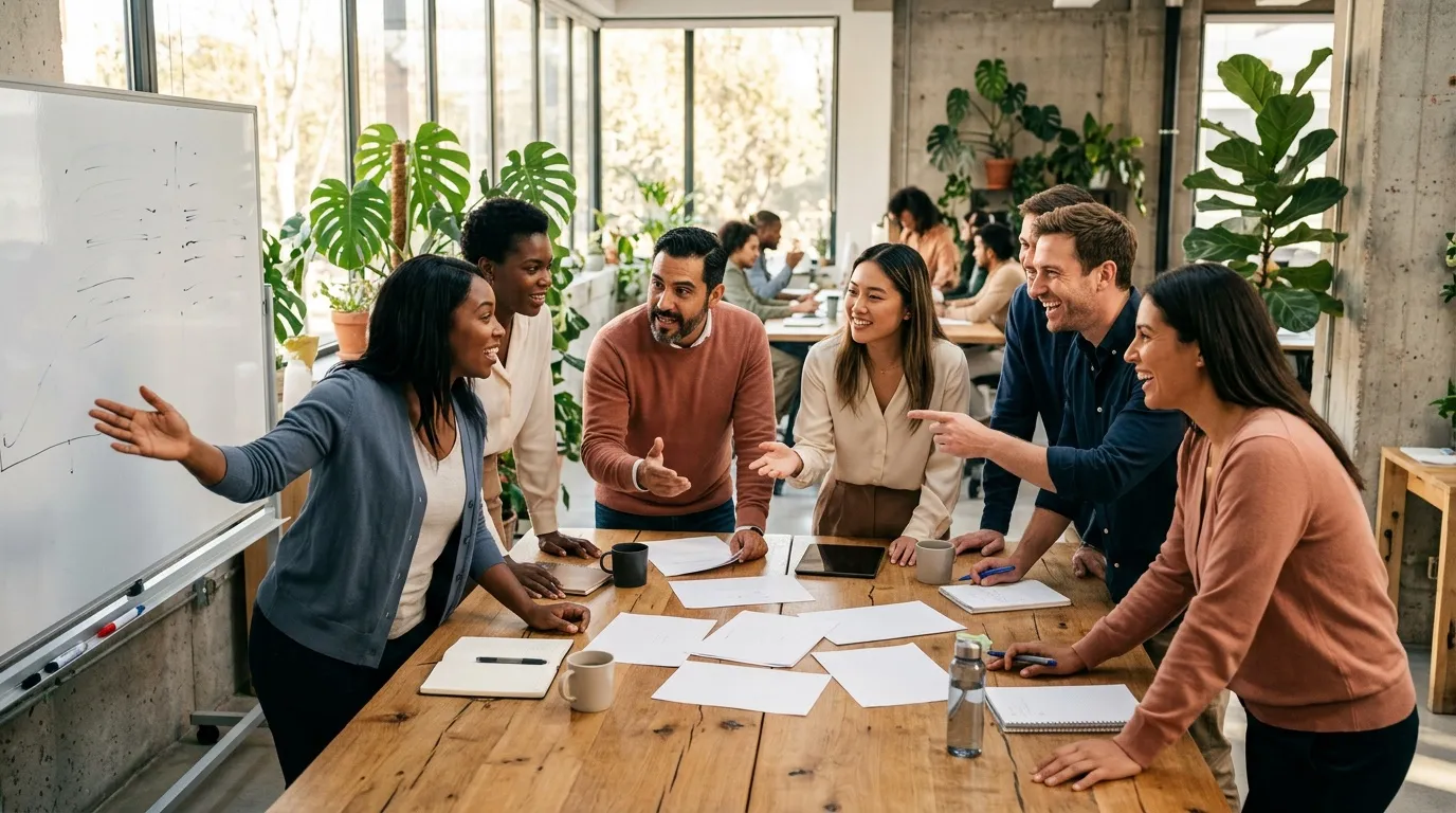 Groupe de professionnels discutant autour d'une table en bureau moderne