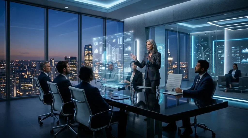 Femme dirigeante présentant données à équipe affaires bureau