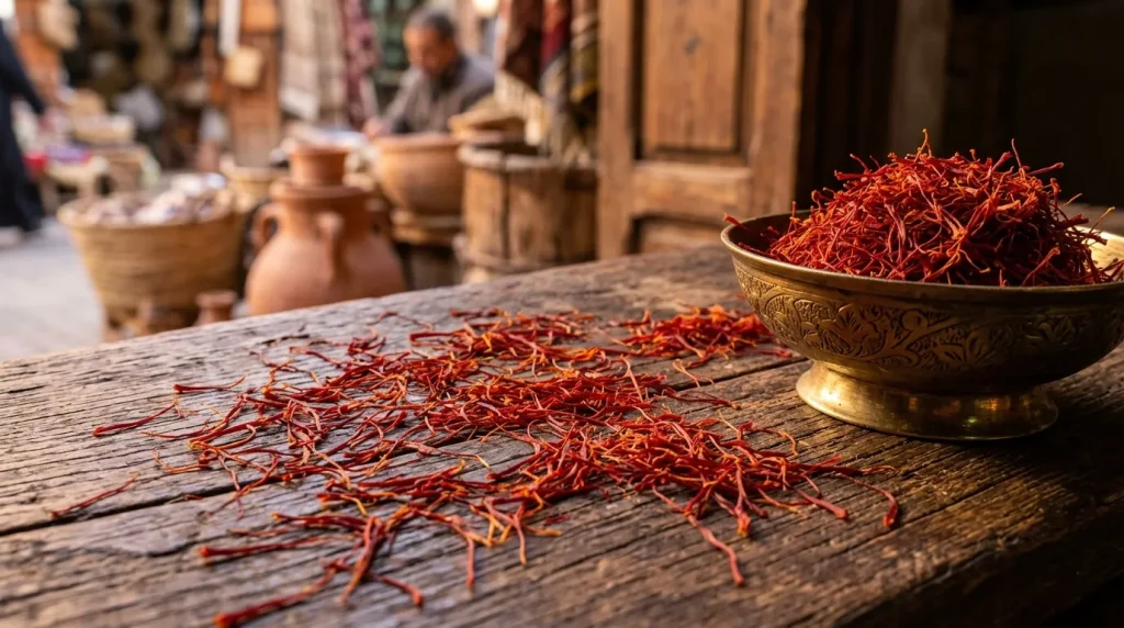 Safran rouge séché en vrac sur table en bois, bol doré