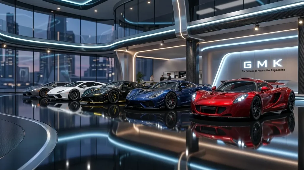 Cinq voitures de sport haut de gamme dans showroom futuriste