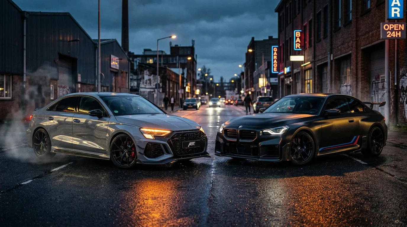 Deux voitures sport modifiées sur rue urbaine illuminée.