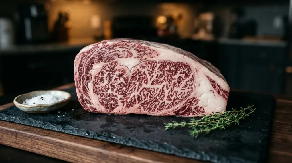 Steak de bœuf Wagyu marié avec sel et herbes aromatiques