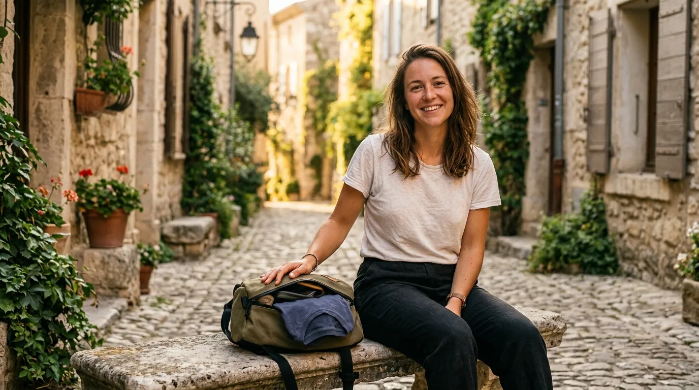 Jeune femme souriante avec sac à dos dans une ruelle pavée