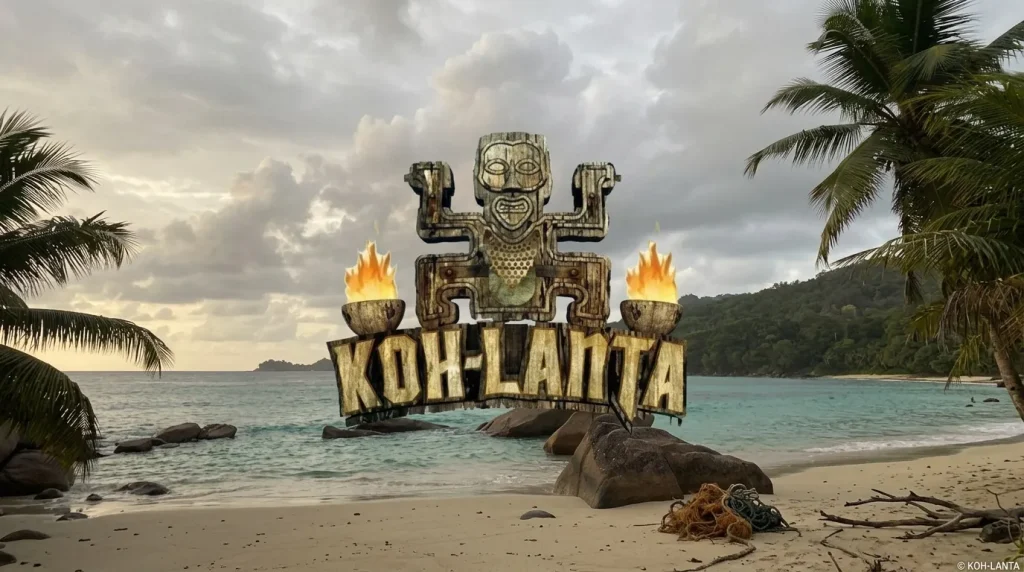 Statue tiki sur plage tropicale avec flammes ardentes