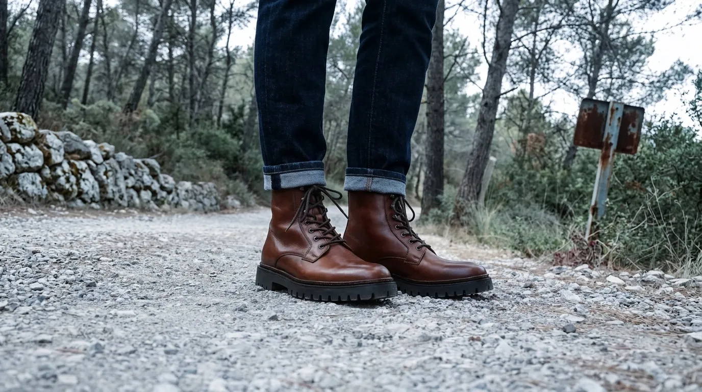 Pieds chaussés de bottes marron sur chemin forestier