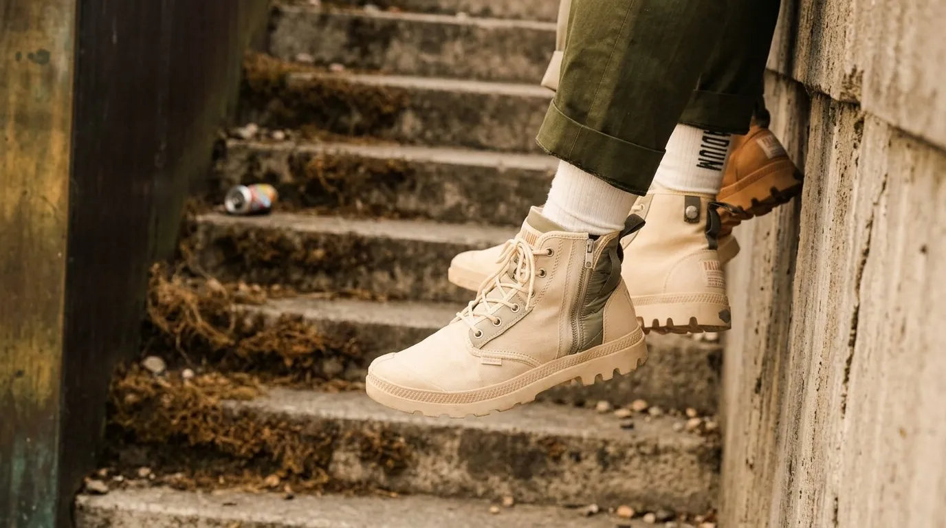 Personne portant bottes blanches et chaussettes rayées sur escaliers.