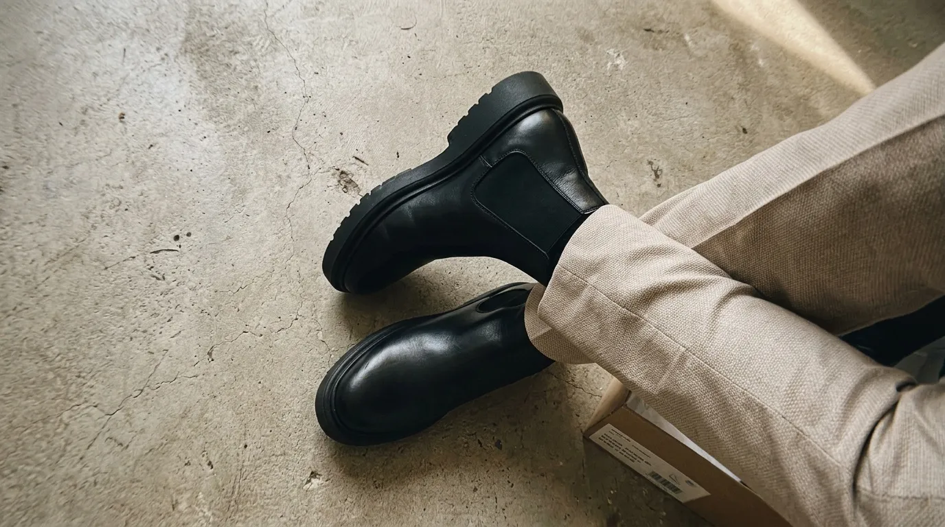 Paires de bottes noires avec pantalon beige clair