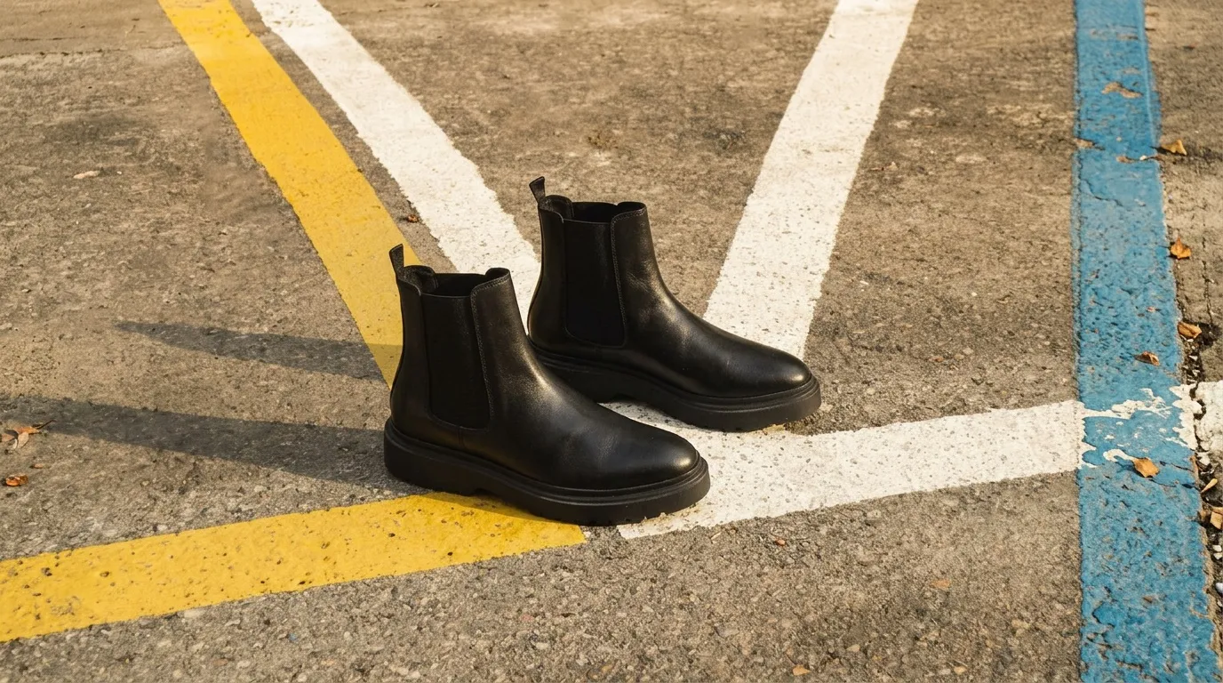 Paire de bottines noires sur sol peint aux lignes colorées