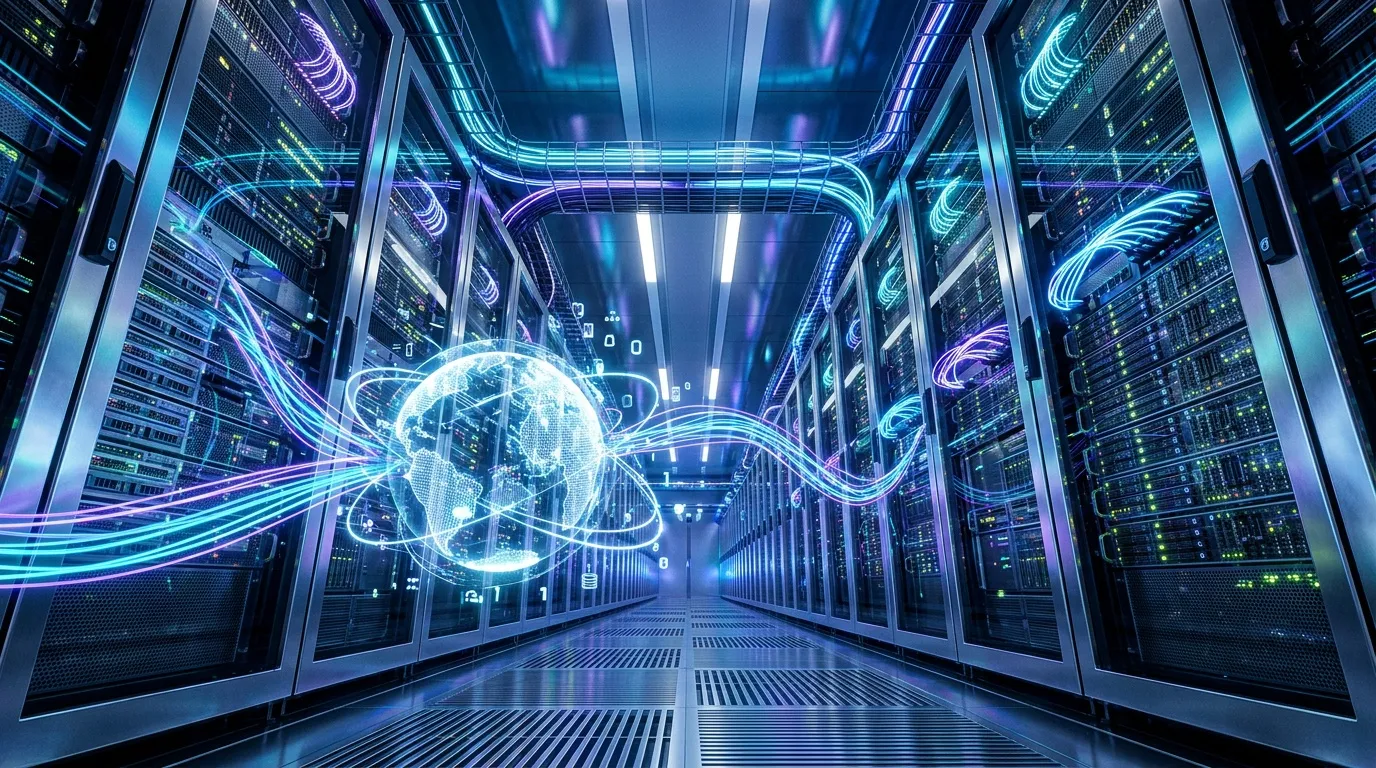 Serveurs informatiques avec globe num&eacute;rique et connexions lumineuses