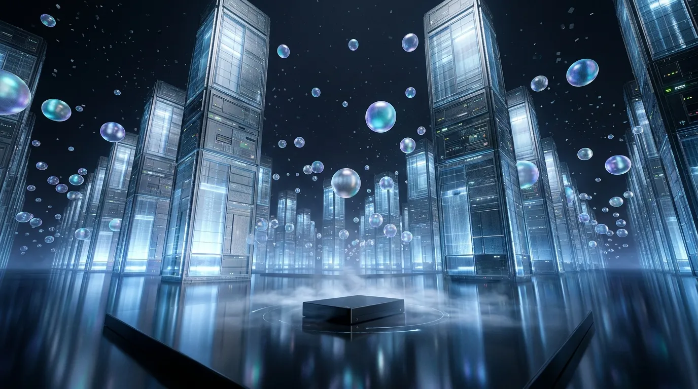 Serveurs informatiques illumin&eacute;s avec bulles de donn&eacute;es flottantes