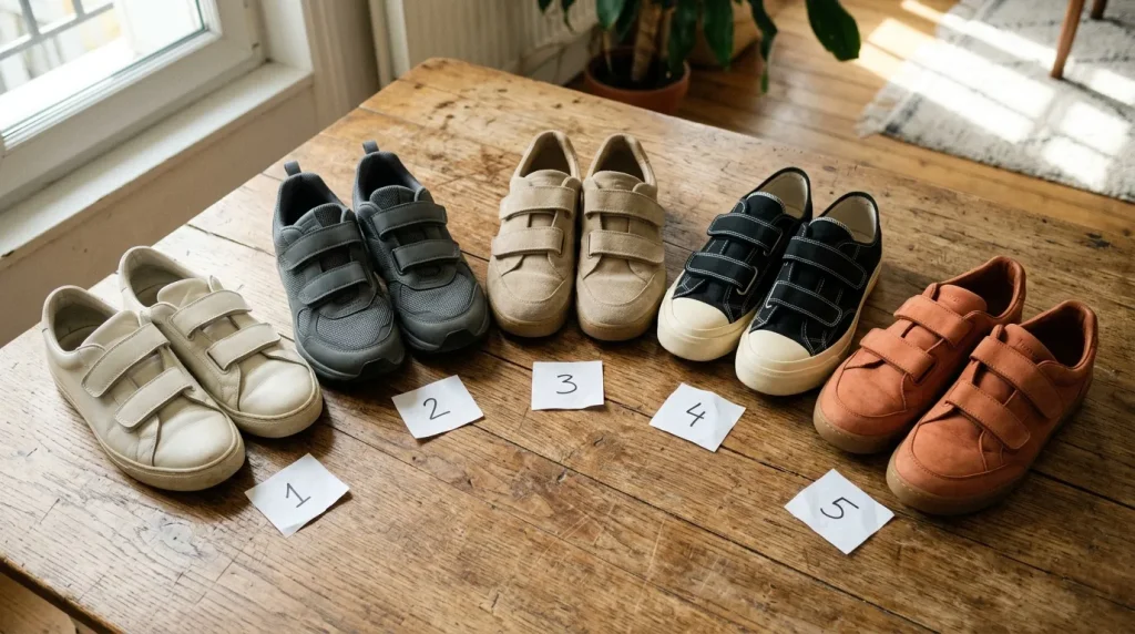 Cinq paires de baskets numérotées sur table en bois