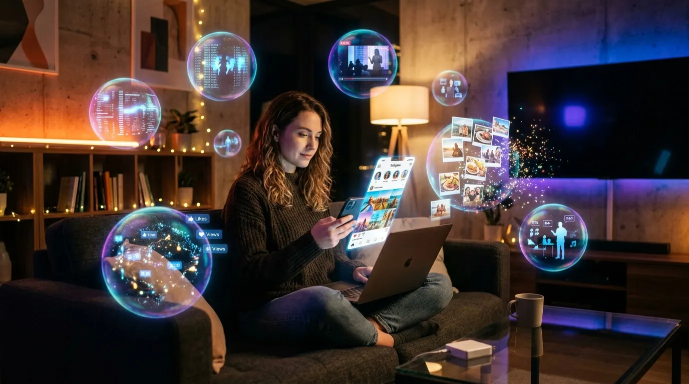 Femme utilisant des appareils num&eacute;riques avec interfaces virtuelles flottantes