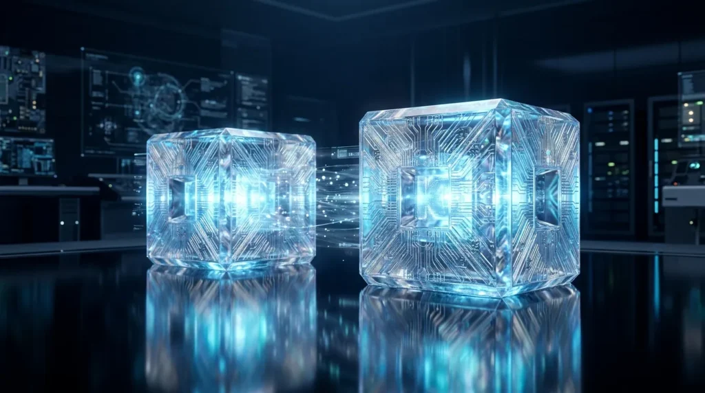 Deux cubes de verre brillants avec circuits numériques bleus.