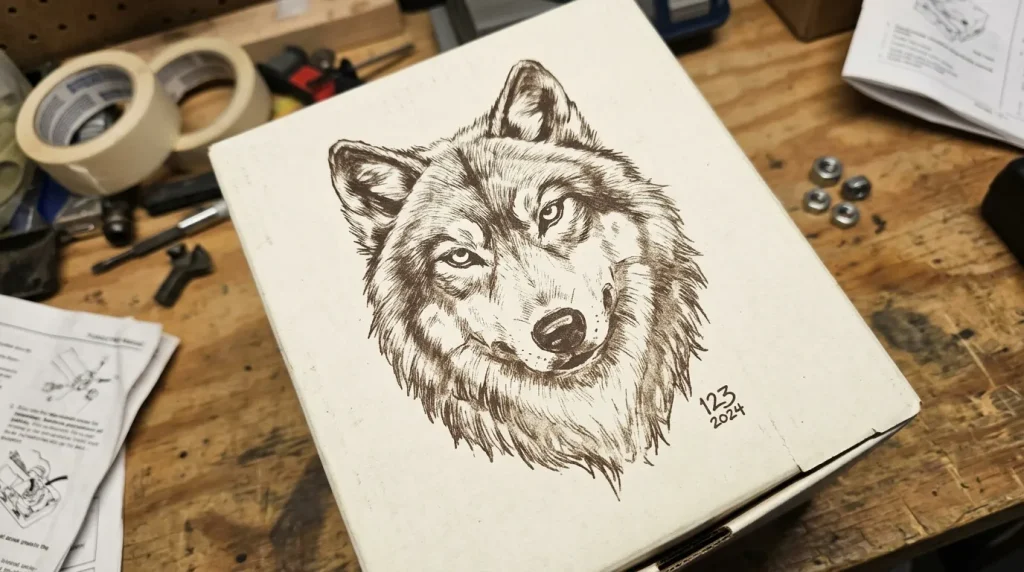 Portrait détaillé d'un loup en encre noire signé 2024