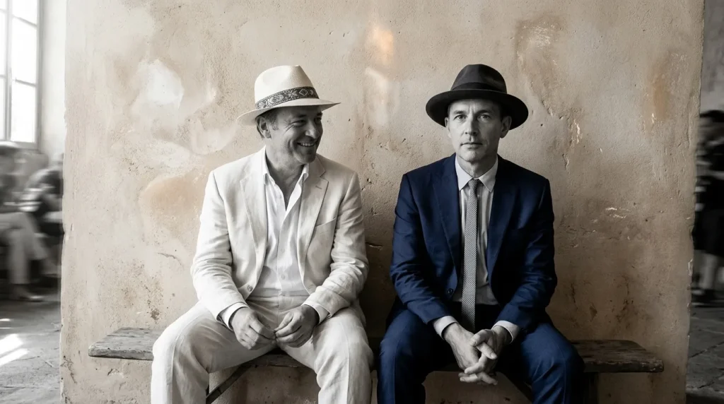 Deux hommes assis portent costumes et chapeaux contre mur beige