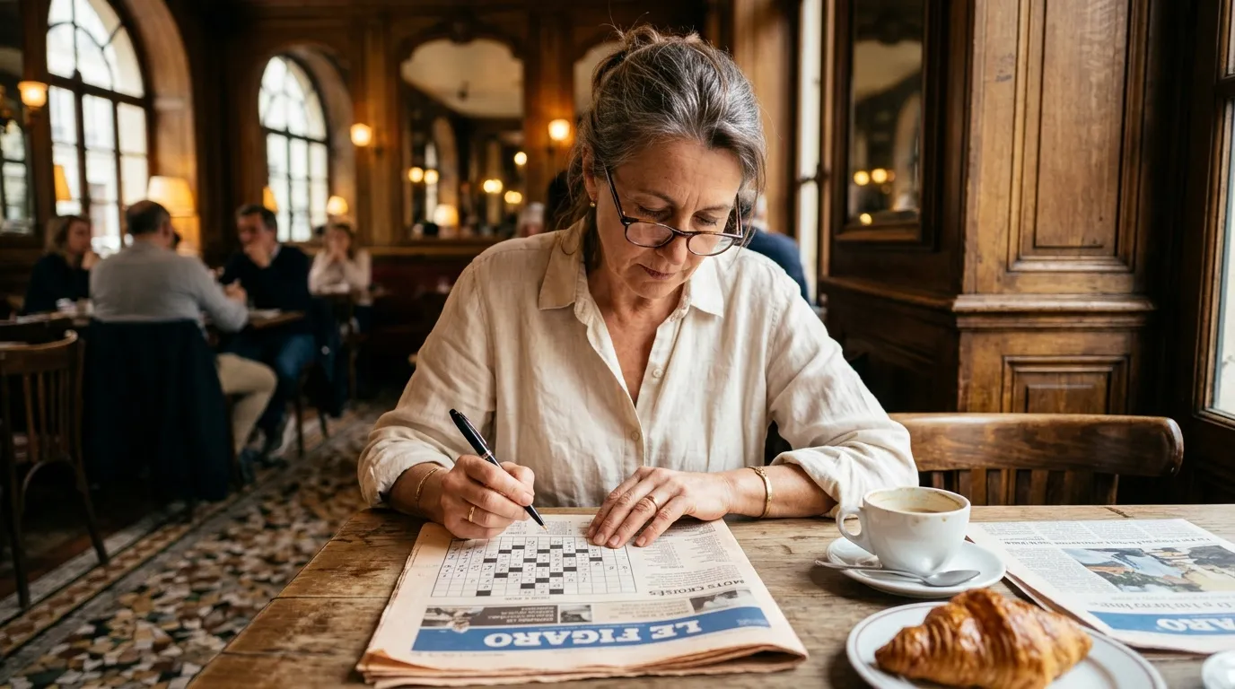 Femme résolvant une grille de mots croisés
