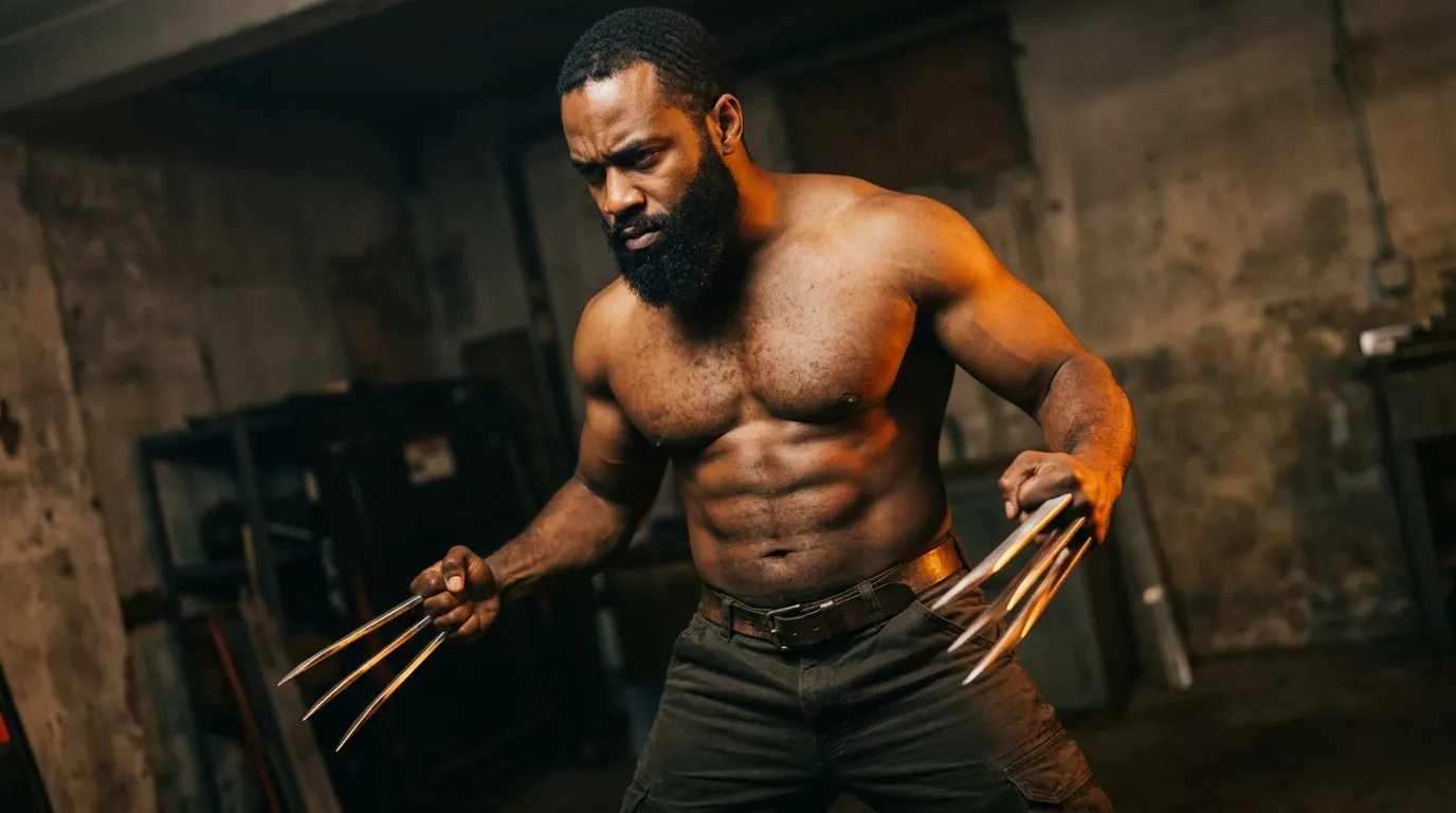 Homme musclé torse nu tenant des griffes dorées