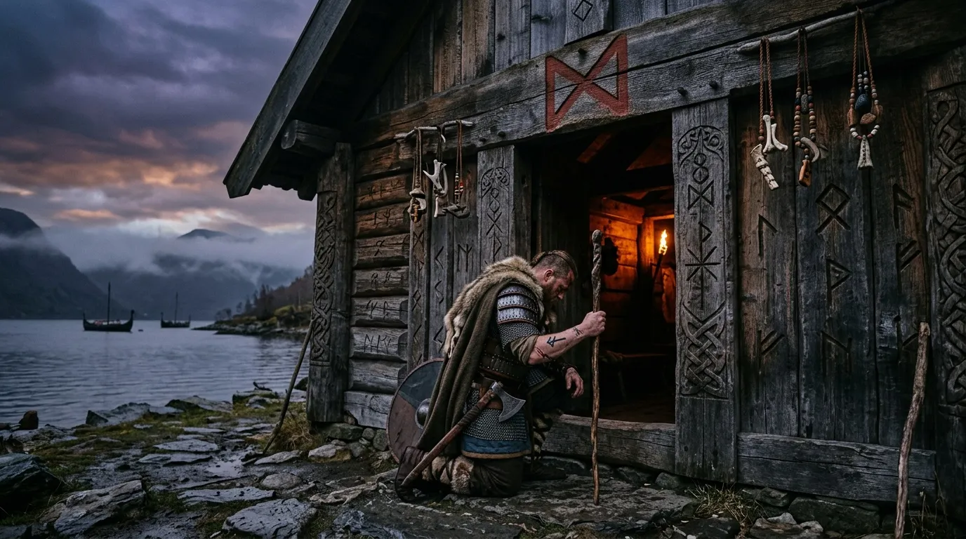 Guerrier viking armé devant cabane en bois au bord de la mer