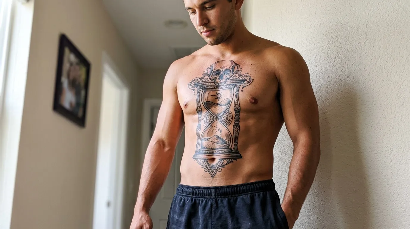 Homme torse nu affichant grand tatouage horloge poitrine