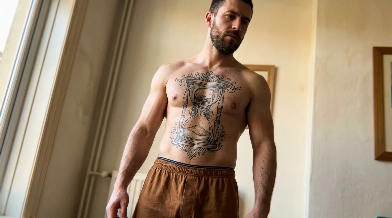 Homme torse nu portant un tatouage sablier décoratif