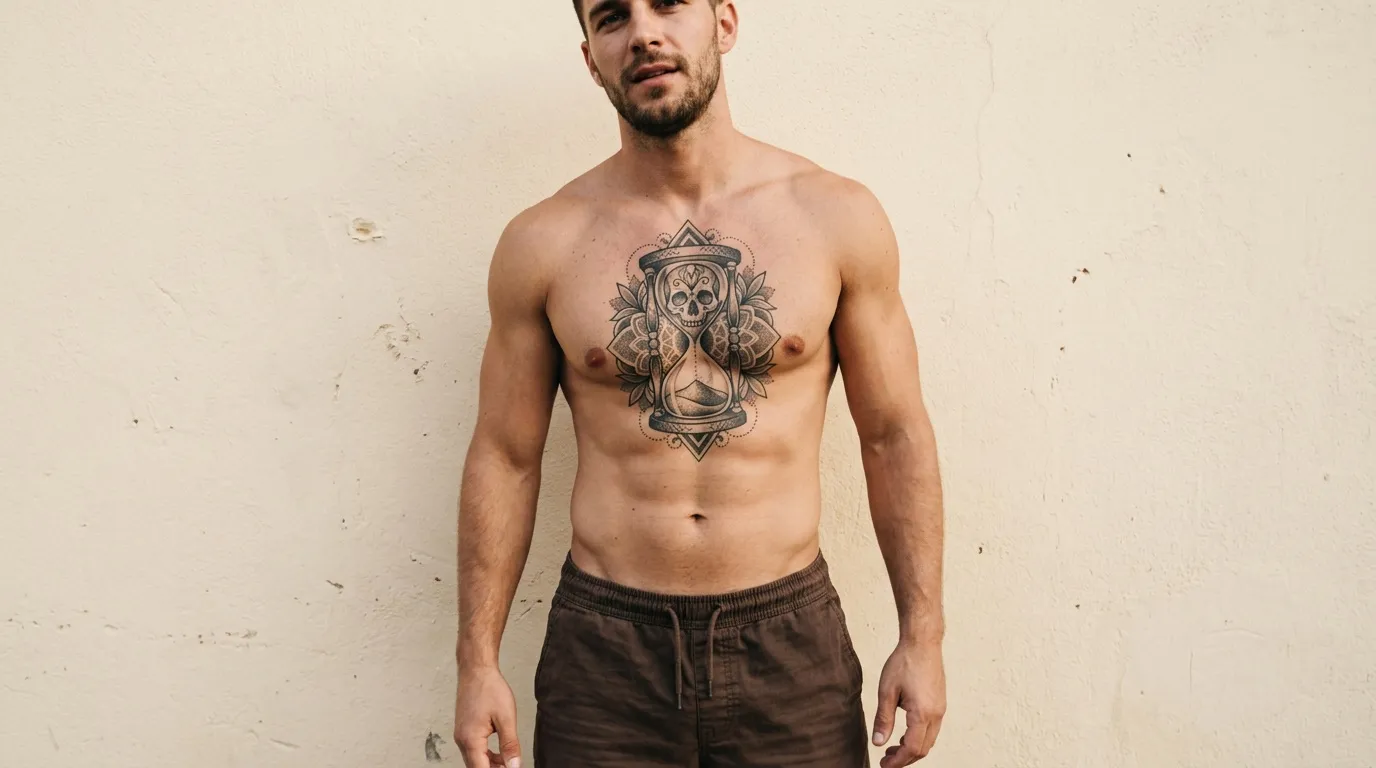 Homme musclé portant tatouage crâne et sablier sur poitrine