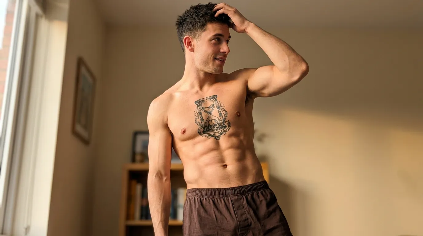 Homme torse nu affichant ses muscles et son tatouage