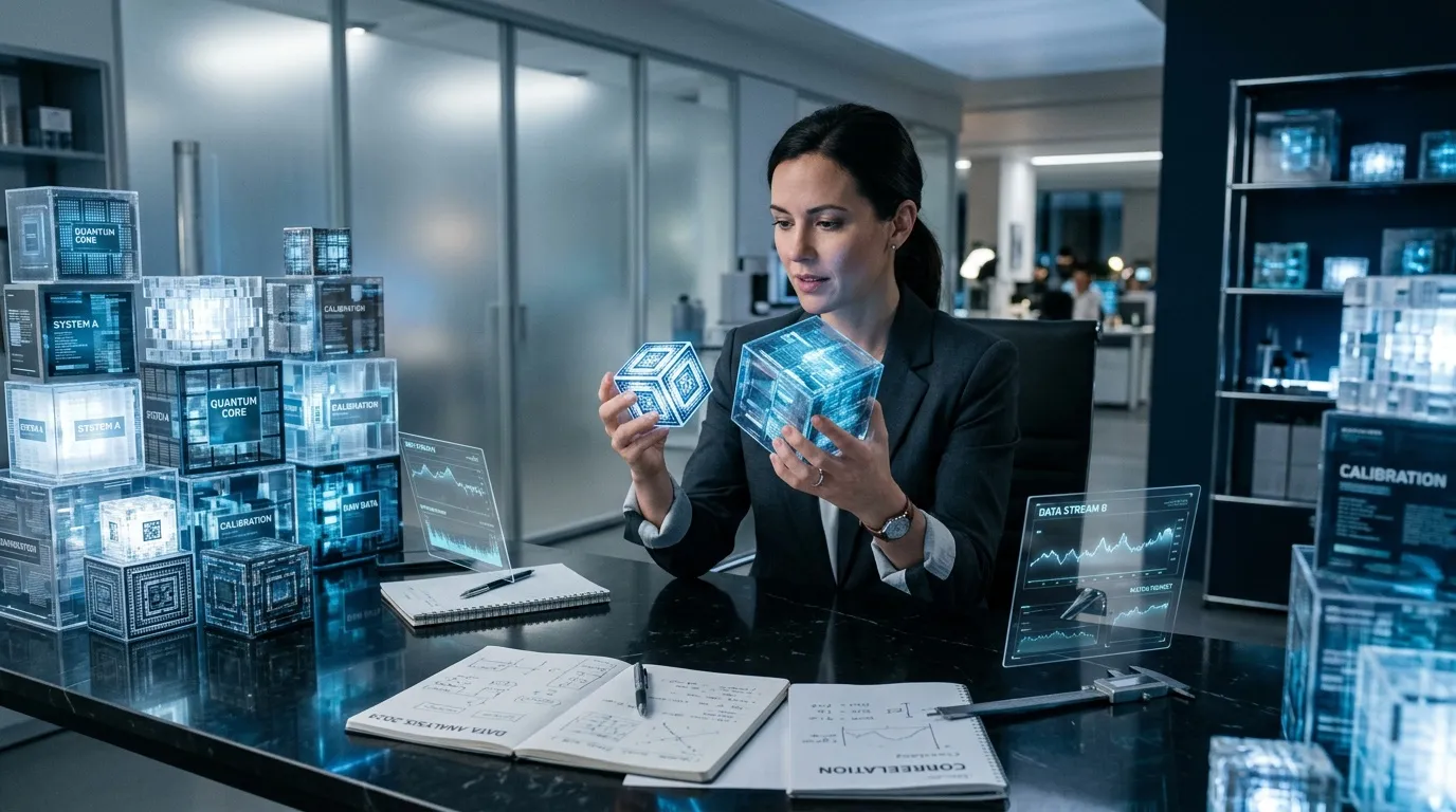 Femme d'affaires examine des cubes holographiques futuristes au bureau
