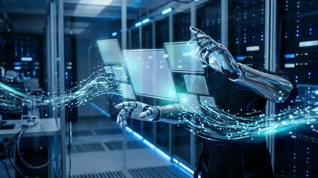 Mains robotiques manipulant des interfaces numériques futuristes
