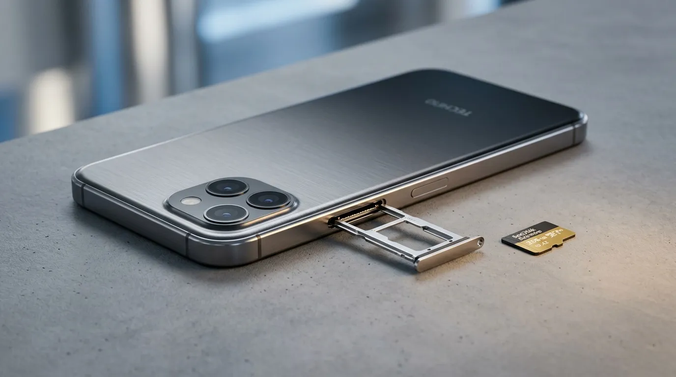 T&eacute;l&eacute;phone smartphone avec tiroir SIM ouvert et carte m&eacute;moire